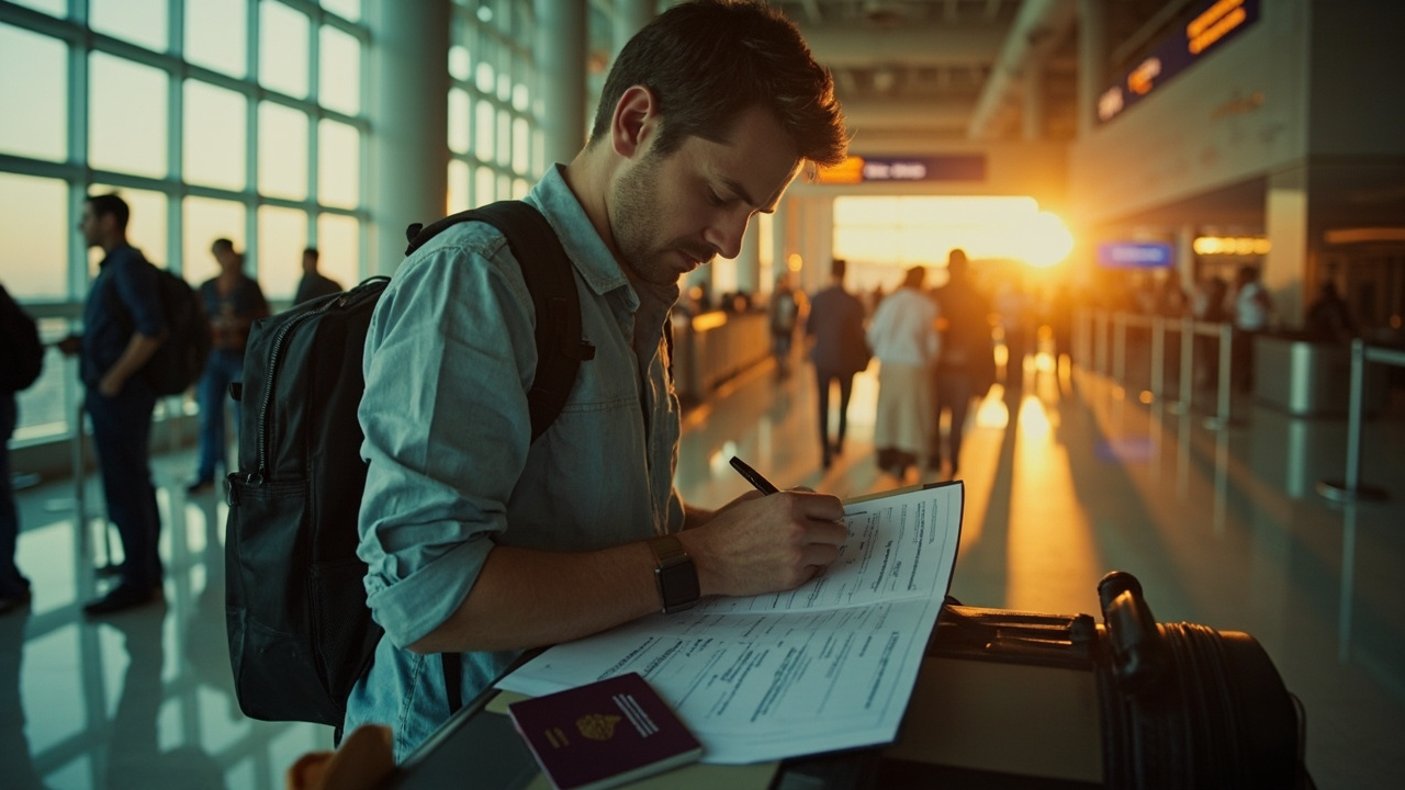 Australian traveller filling a paper form on a clipboard at a soft-focus Cambodian airport arrivals counter in warm morning light