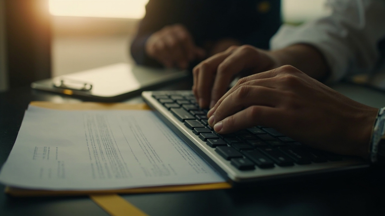 Hands typing at a generic desktop keyboard at a soft-focus immigration-style side desk with a paper form to one side