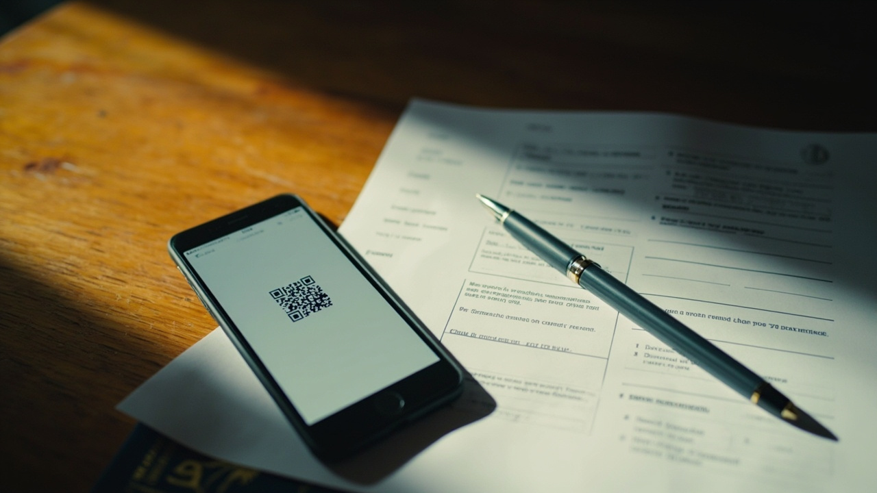 Smartphone showing a generic QR code beside a plain paper form and a closed Australian passport on a warm timber surface