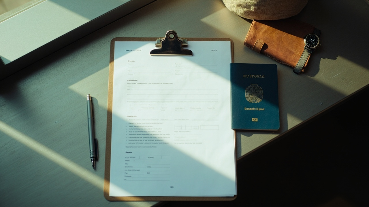 Overhead view of a paper form on a clipboard with a pen and Australian passport on a generic counter top
