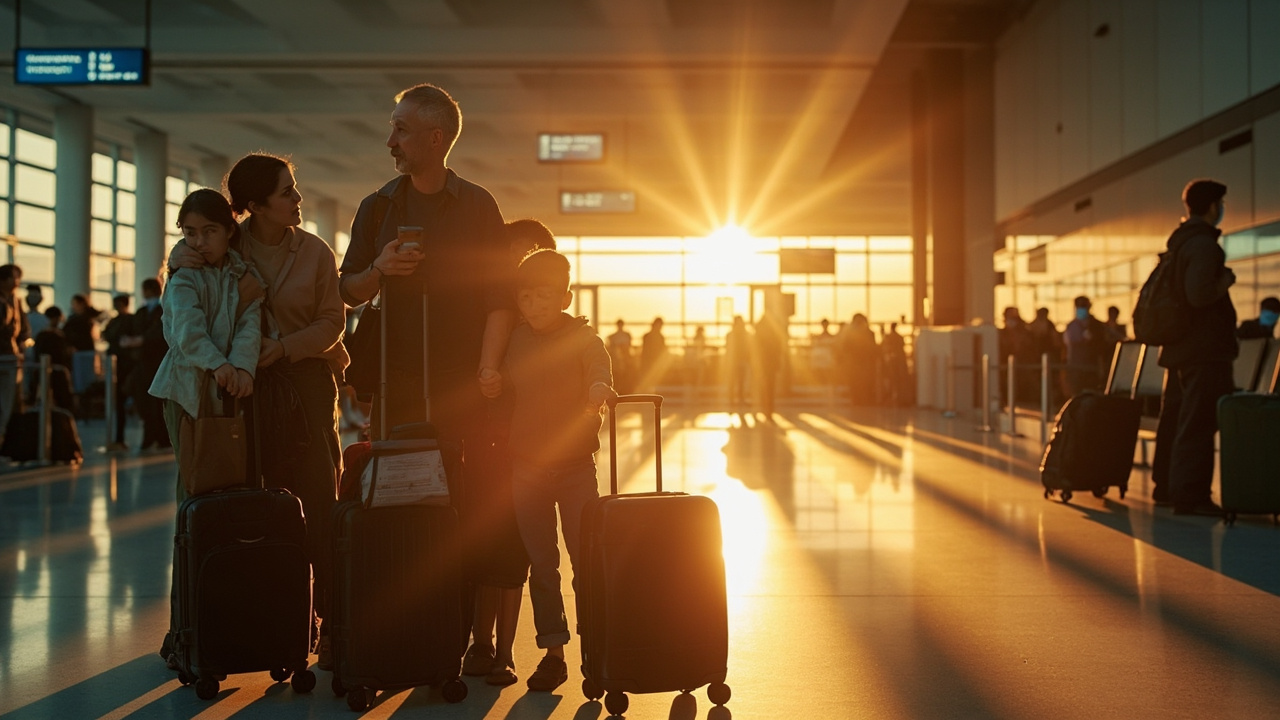 Australian family with carry-on bags waiting in a soft-focus warm-lit airport arrivals area in early morning light