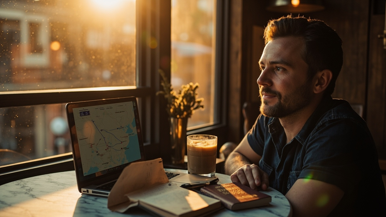 Australian traveller planning a Vietnam and Cambodia trip on a laptop at a sunlit Saigon cafe at golden hour