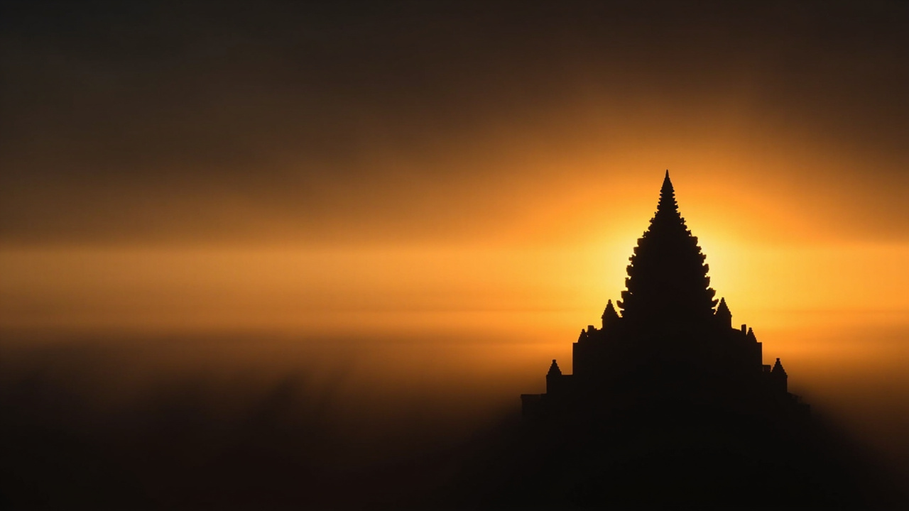Silhouette of Angkor temple stonework against a warm golden sunrise