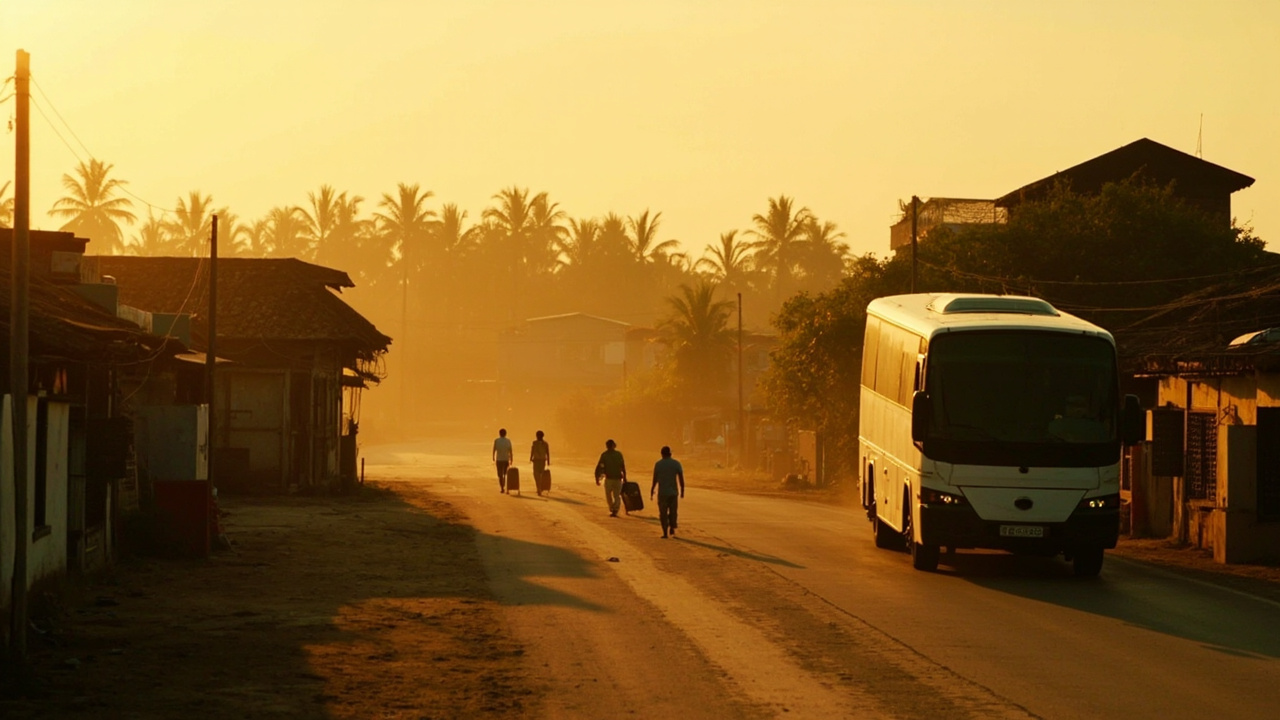 Wide cinematic view of a quiet bus border crossing along the Mekong region at golden hour