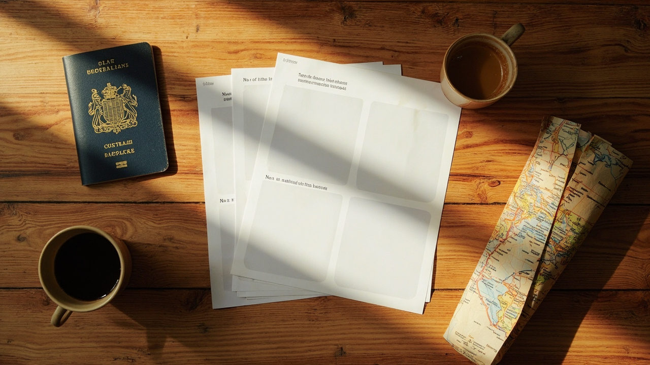Overhead flat-lay of an Australian passport open beside two unbranded visa-style approval sheets and a coffee