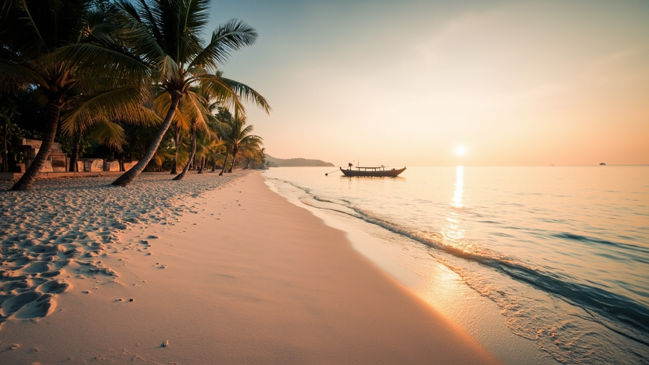 Warm late-afternoon Phu Quoc tropical beach scene with calm water and a soft-focus longtail boat in the distance