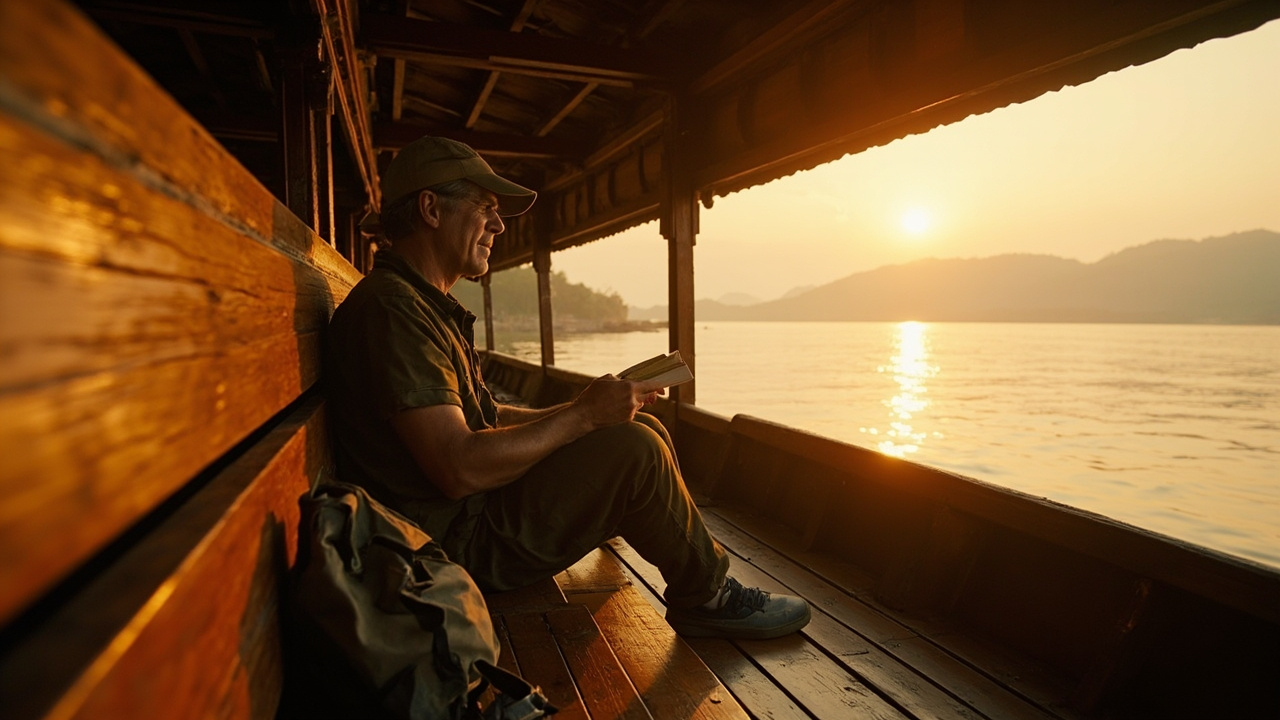 Australian traveller on a wooden Mekong slow boat at golden hour, river ahead, soft mist, warm tones