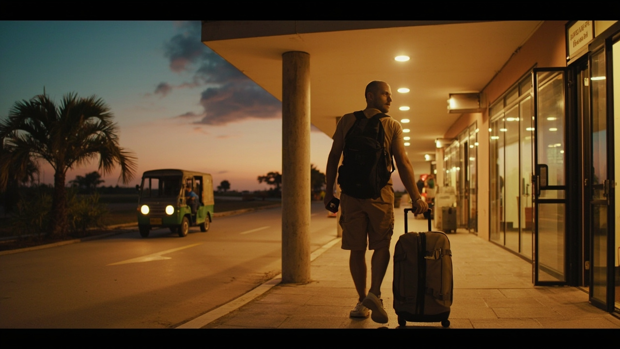 Australian traveller walking out of Siem Reap arrival hall at warm dusk, calm composition, no recognisable signage