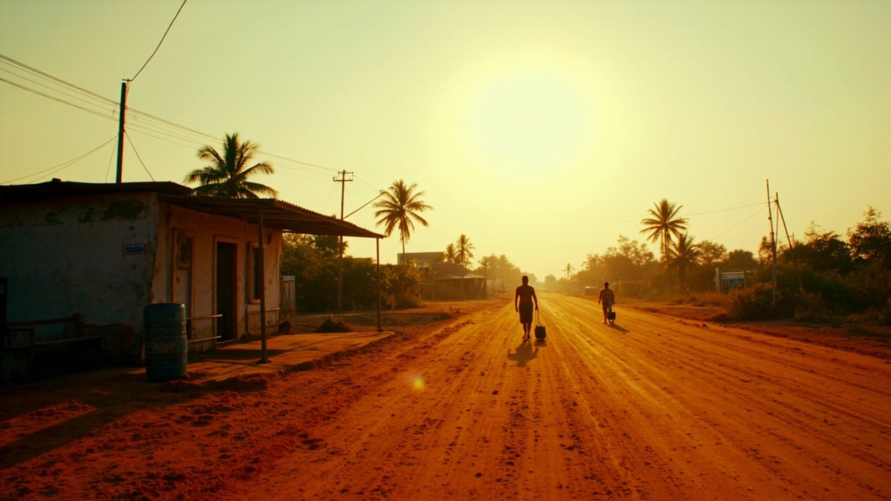 Quiet rural overland border-post atmosphere in afternoon light at the Mekong region, no specific national signage or flags, warm earth tones