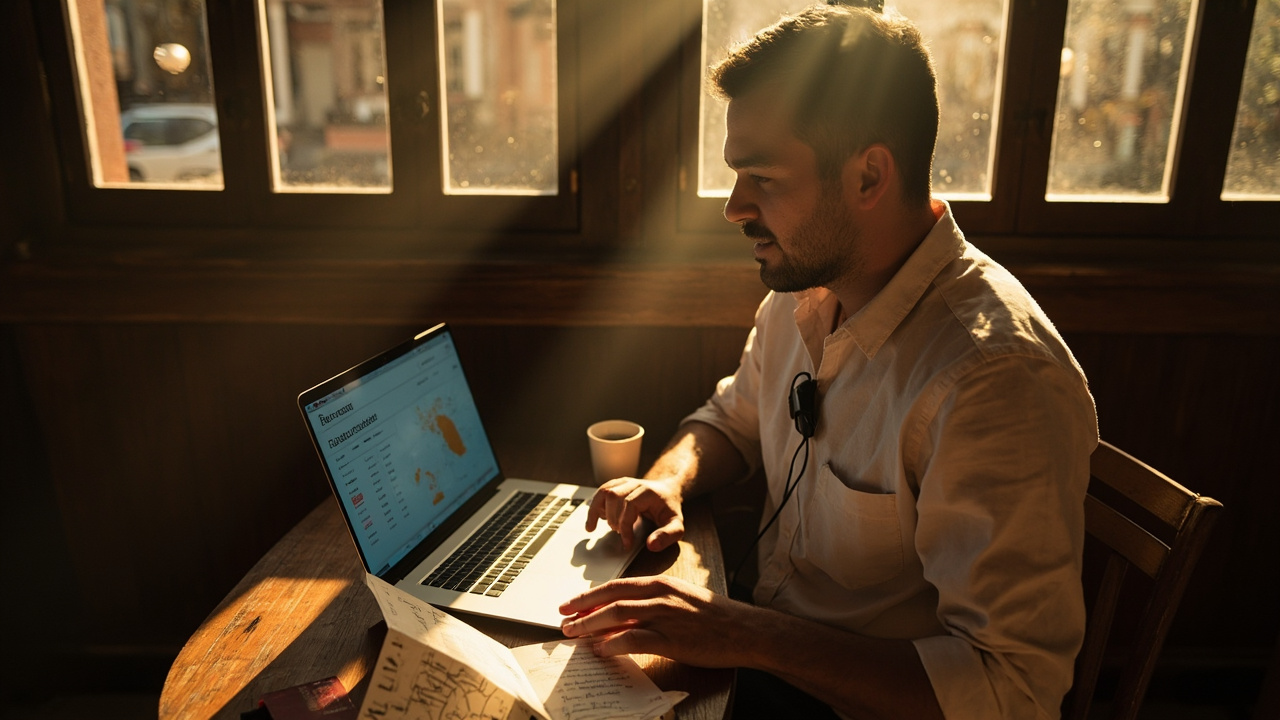 Australian traveller at a sunlit Vientiane cafe with a laptop and a folded Indochina map, neutral warm afternoon, no recognisable cafe branding