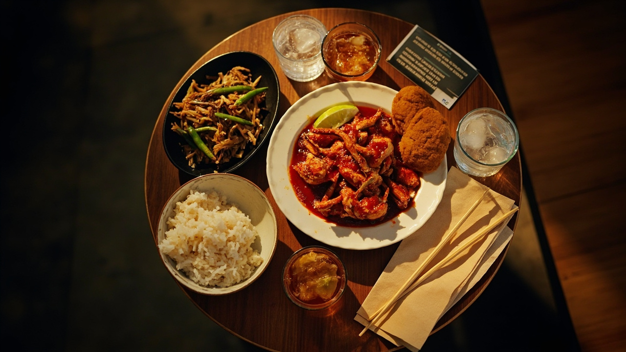 Overhead shot of an Asian hawker-centre food spread on a small table at warm appetising light