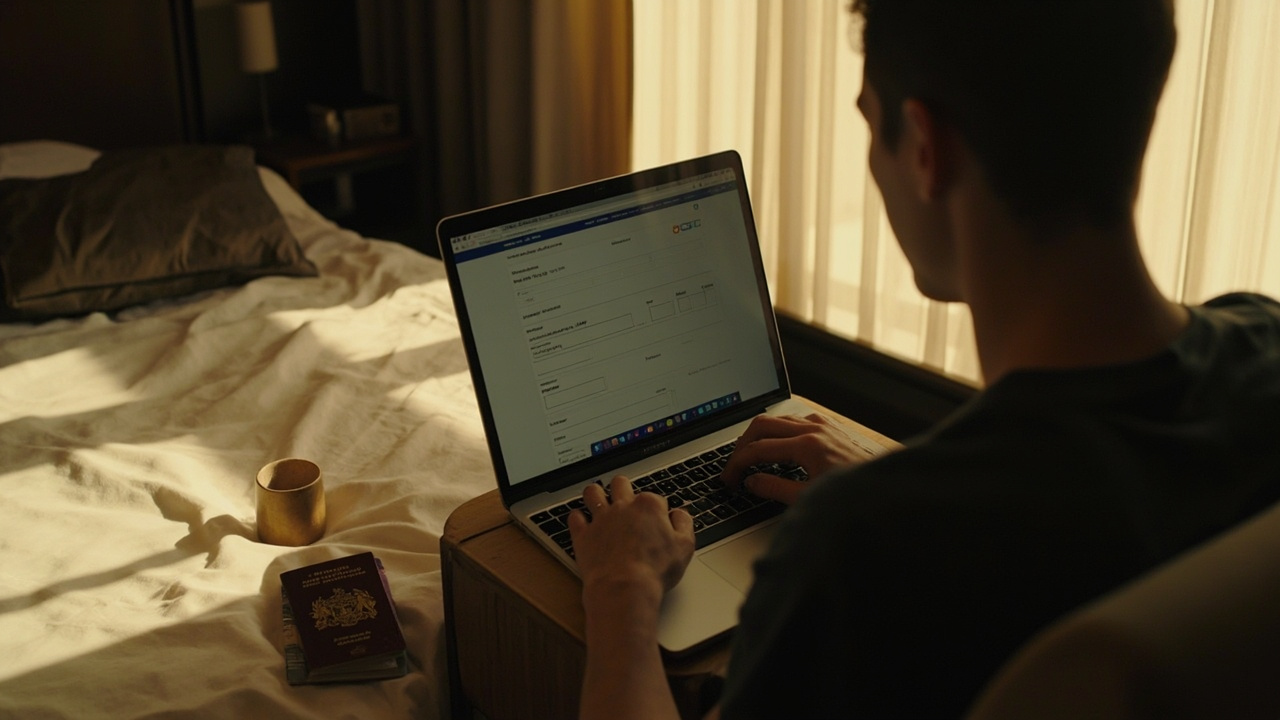 Australian traveller filling in a generic online arrival card on a laptop in a sunlit hotel room