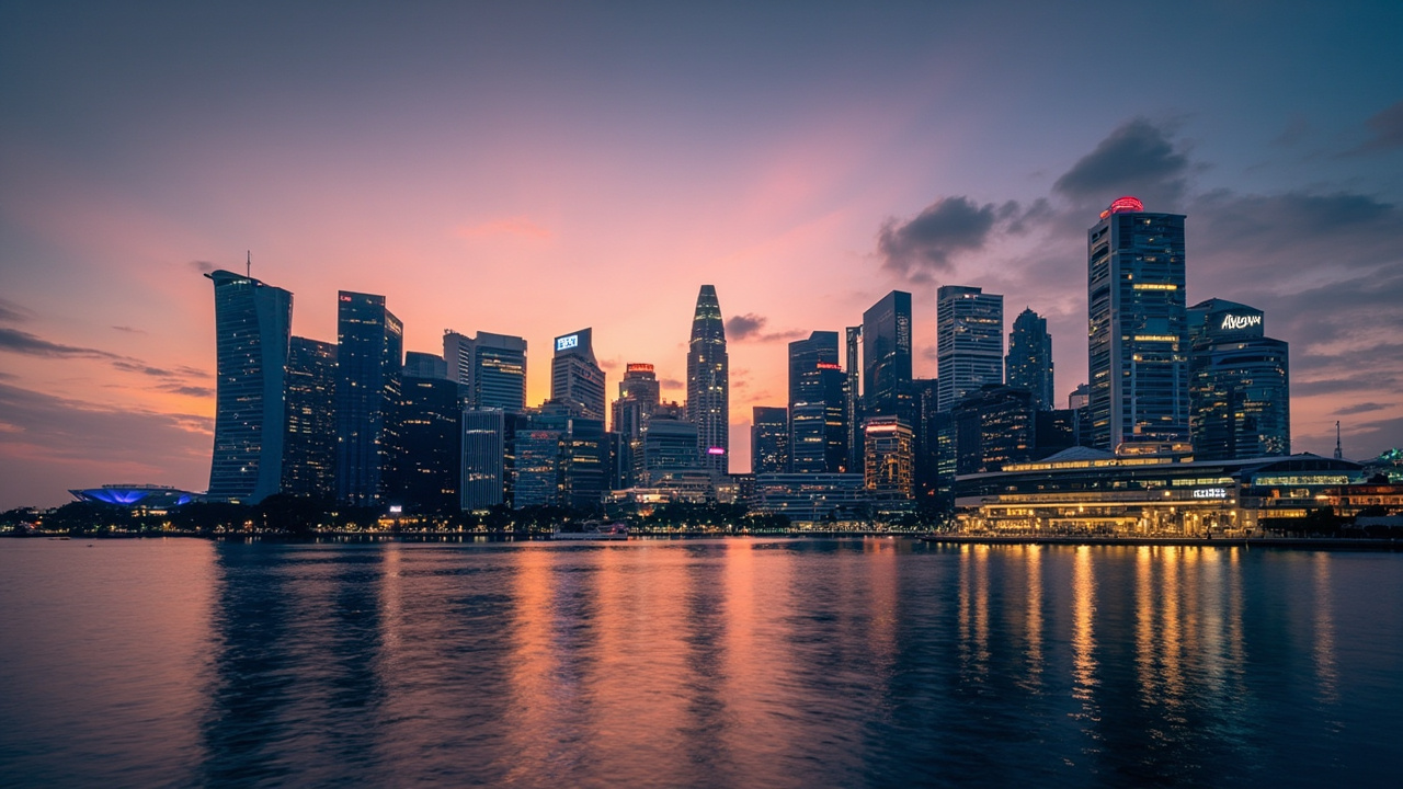 Wide editorial Marina Bay style skyline at warm dusk with no recognisable branding