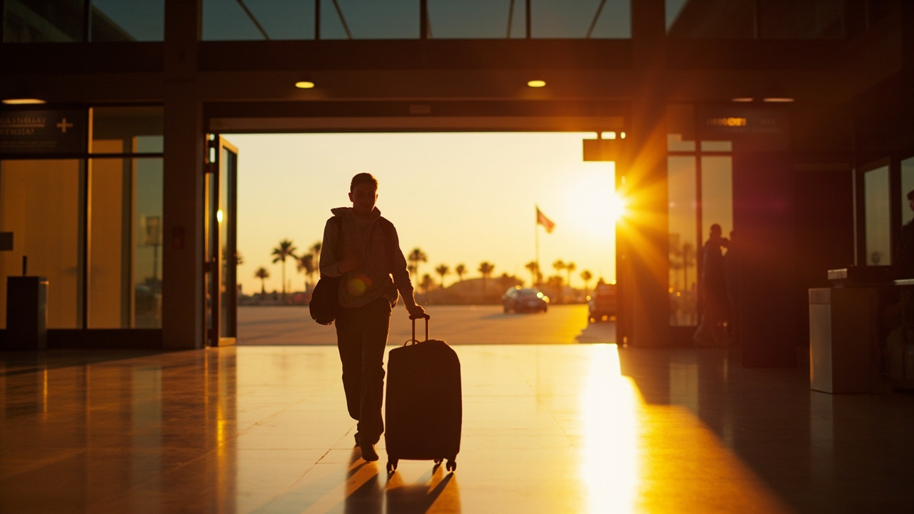 Australian traveller arriving calmly at a Cambodian airport at warm dusk after a Singapore stopover