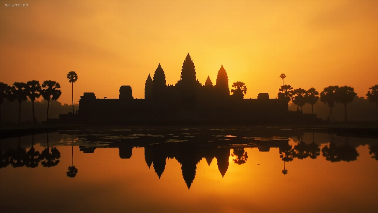 Silhouette of Angkor Wat at warm sunrise reflected in the lily pond with no people in the foreground