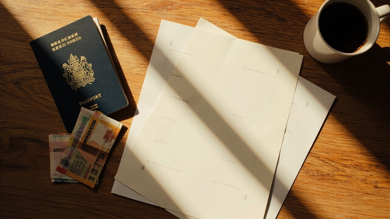 Overhead flat-lay of an Australian passport with two unbranded labelled sheets and a few unbranded Asian banknotes on a warm timber desk