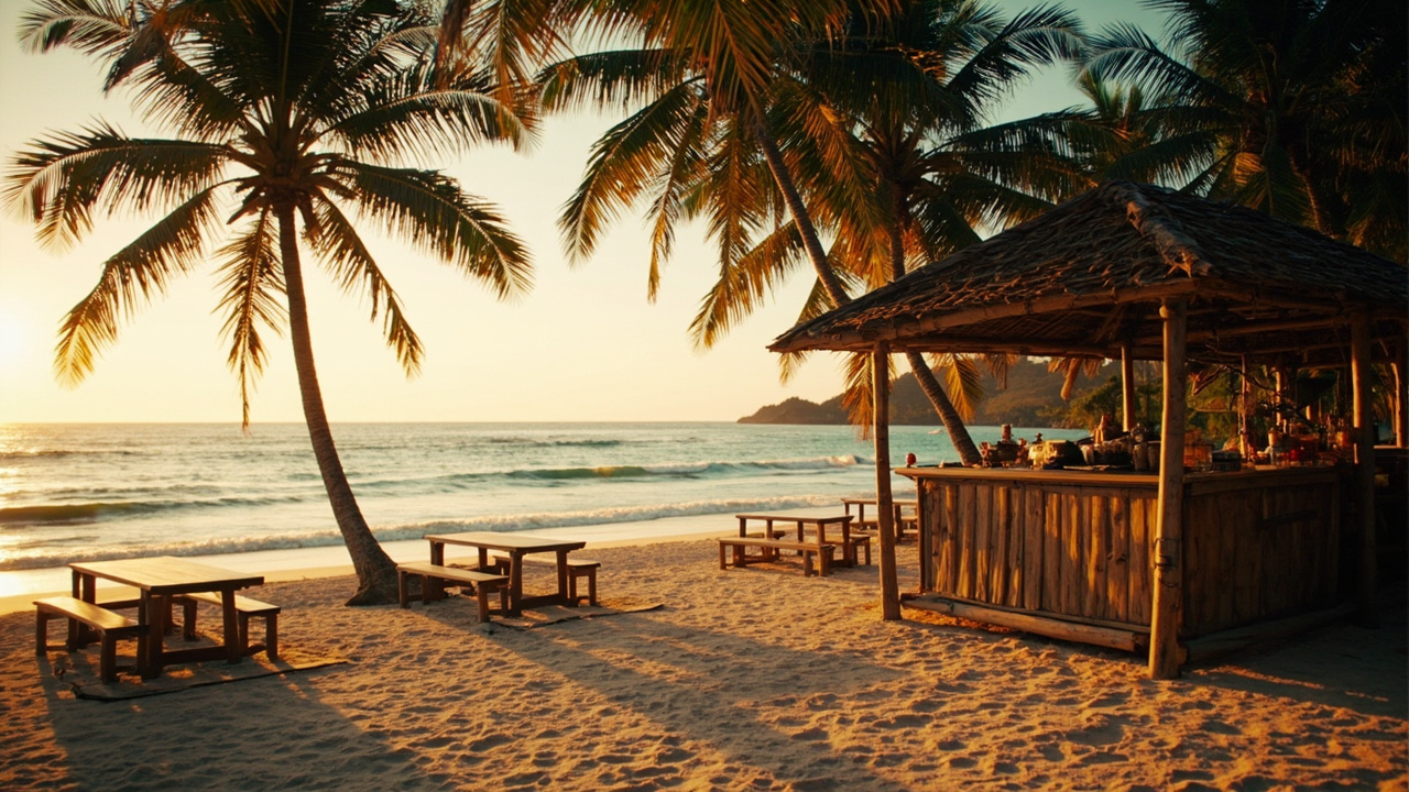 Quiet Balinese beachside warung at warm golden hour with soft palm shadows and a calm composition