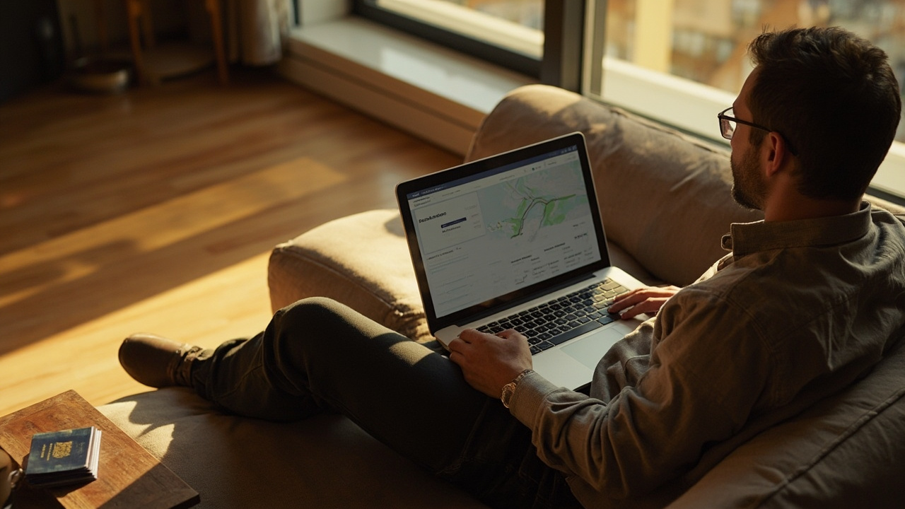 Australian traveller on a laptop showing a soft generic flight routing interface in a sunlit Australian home at warm afternoon light