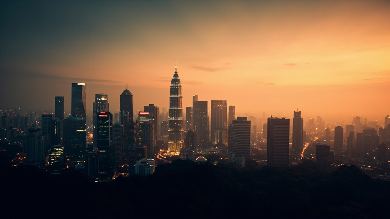Wide editorial Kuala Lumpur city skyline at warm dusk with soft-focus high-rise silhouettes, a common stopover view for Australian travellers heading to Cambodia