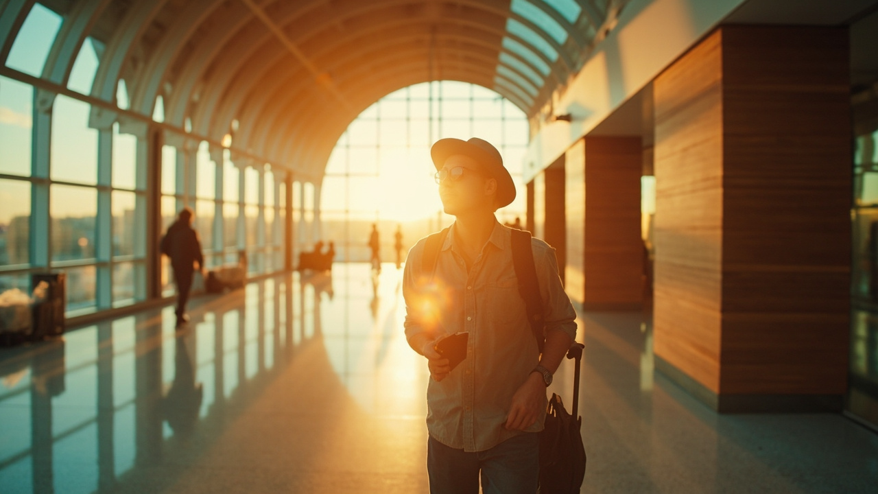 Australian traveller walking through a modern Southeast Asian airport transit interior at warm afternoon light, on the way to a Cambodia connection
