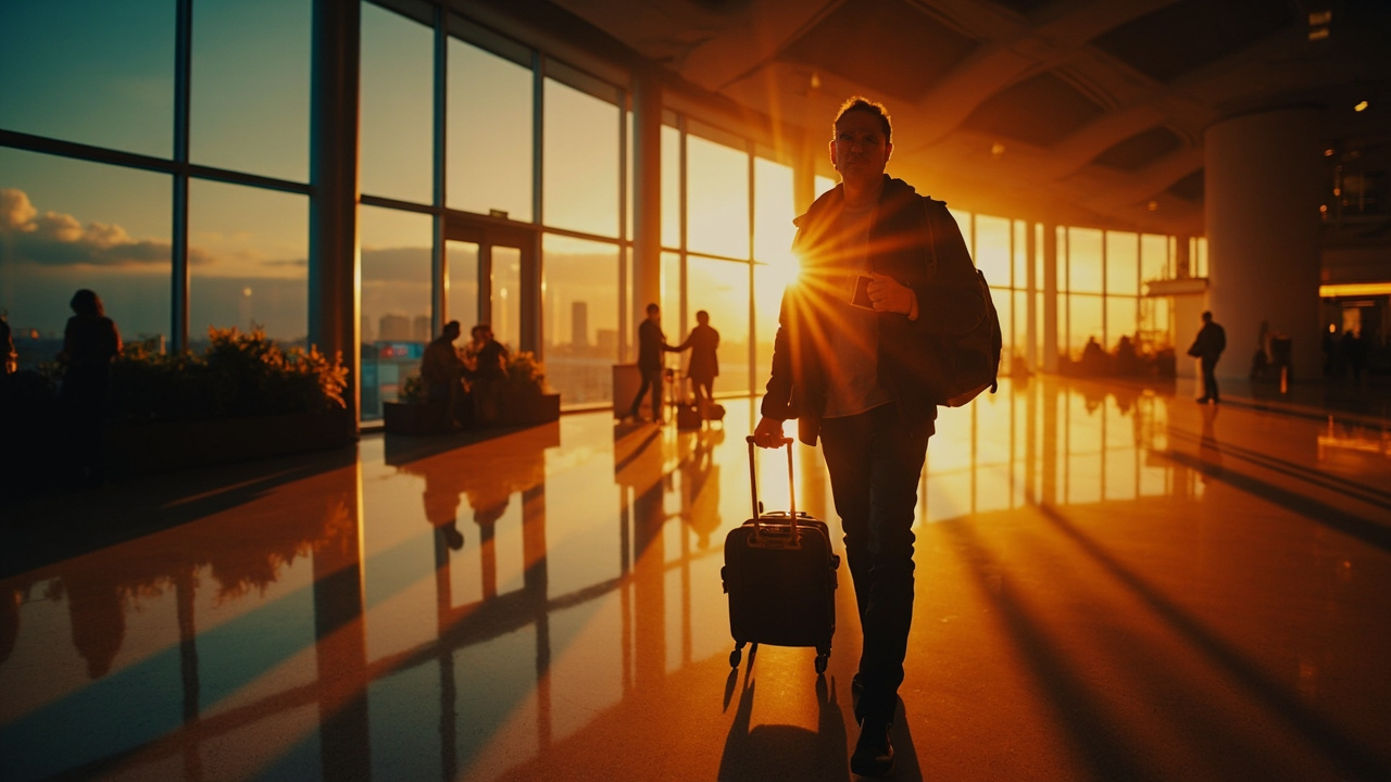Australian traveller arriving at a modern Cambodian airport at warm dusk after a Kuala Lumpur stopover