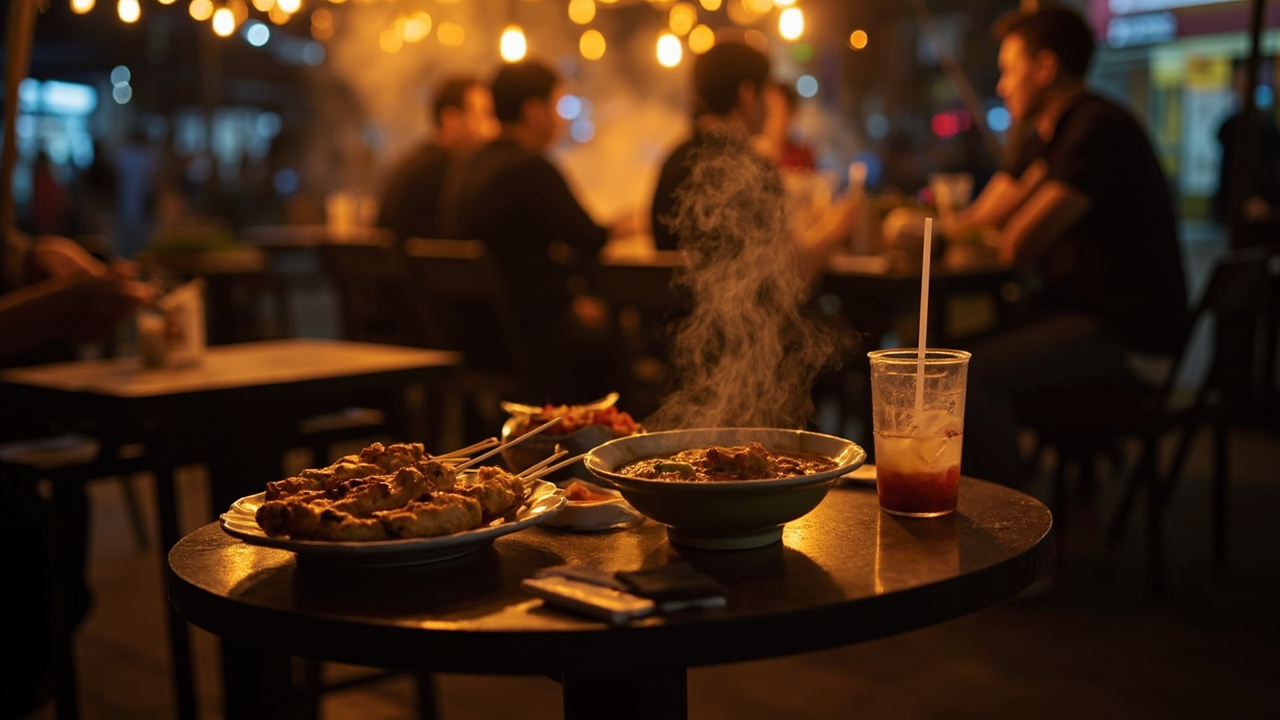 Warm-light open-air hawker centre scene with a small table of Southeast Asian street food, suggesting a Kuala Lumpur stopover dinner