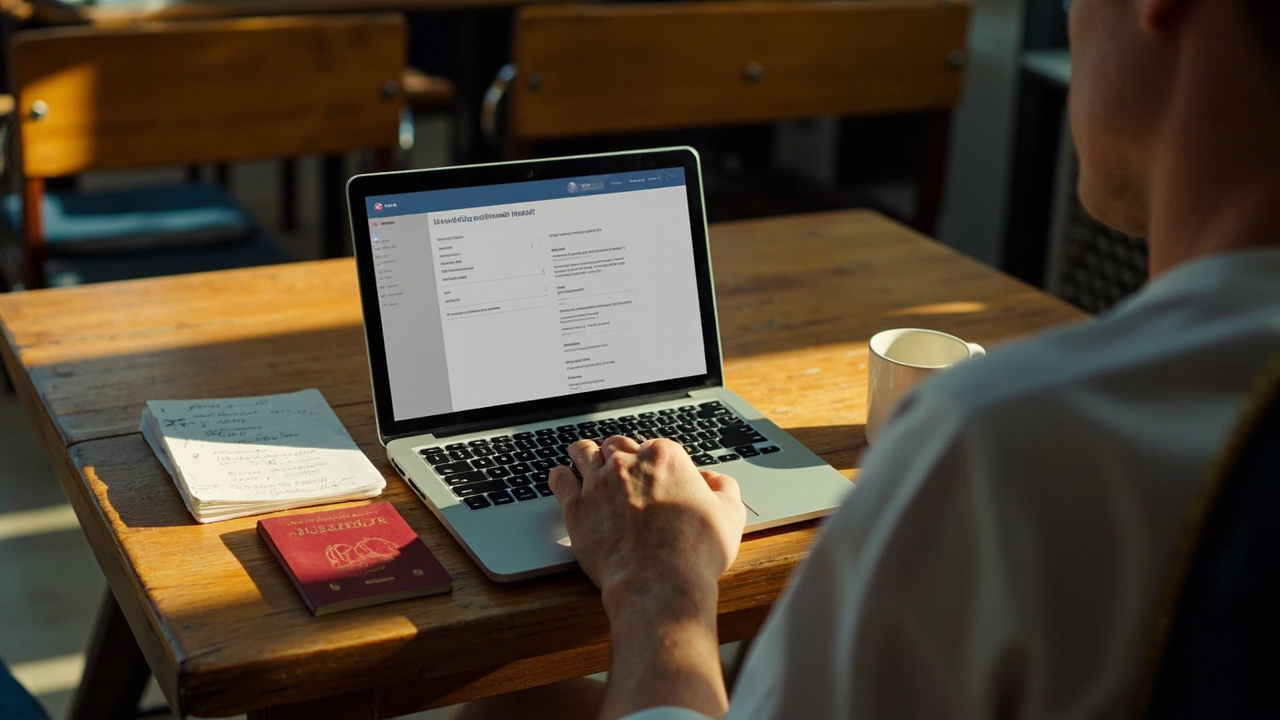 Australian traveller filling out a generic digital arrival card form on a laptop at a sunlit table, suggesting MDAC preparation before a Malaysia stopover