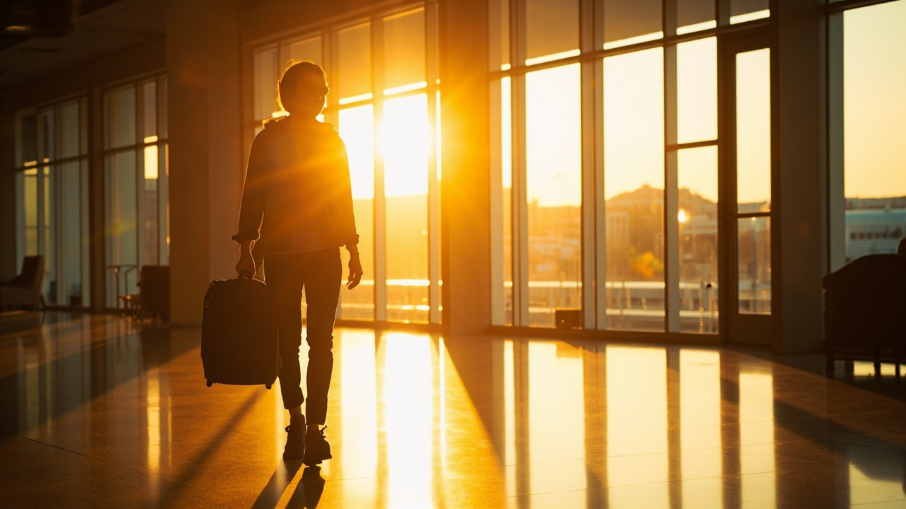 Australian traveller walking through a modern Philippines airport interior at warm afternoon light
