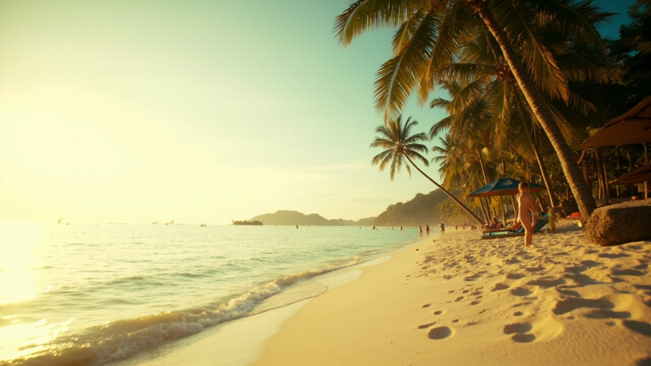 Warm-light tropical Filipino beach scene with palms, no faces in focus, neutral editorial palette