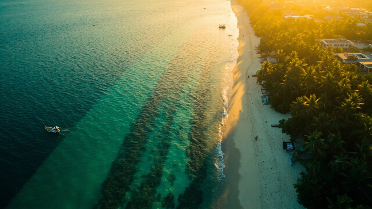 Soft-focus aerial of a generic Filipino coastal scene at warm golden hour, neutral palette