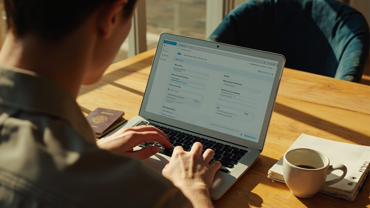 Australian traveller on a laptop with a generic arrival-card form UI, warm afternoon light