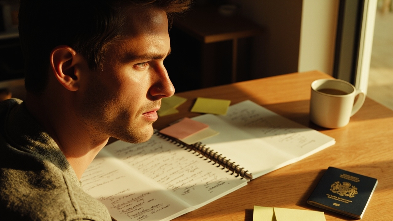Australian traveller at a sunlit kitchen table looking at two trip-planning notebooks with an Australian passport beside a coffee