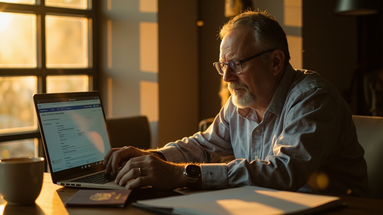 Australian traveller in a sunlit Brisbane home interior on a laptop lodging a generic eVisa-style form at warm afternoon light