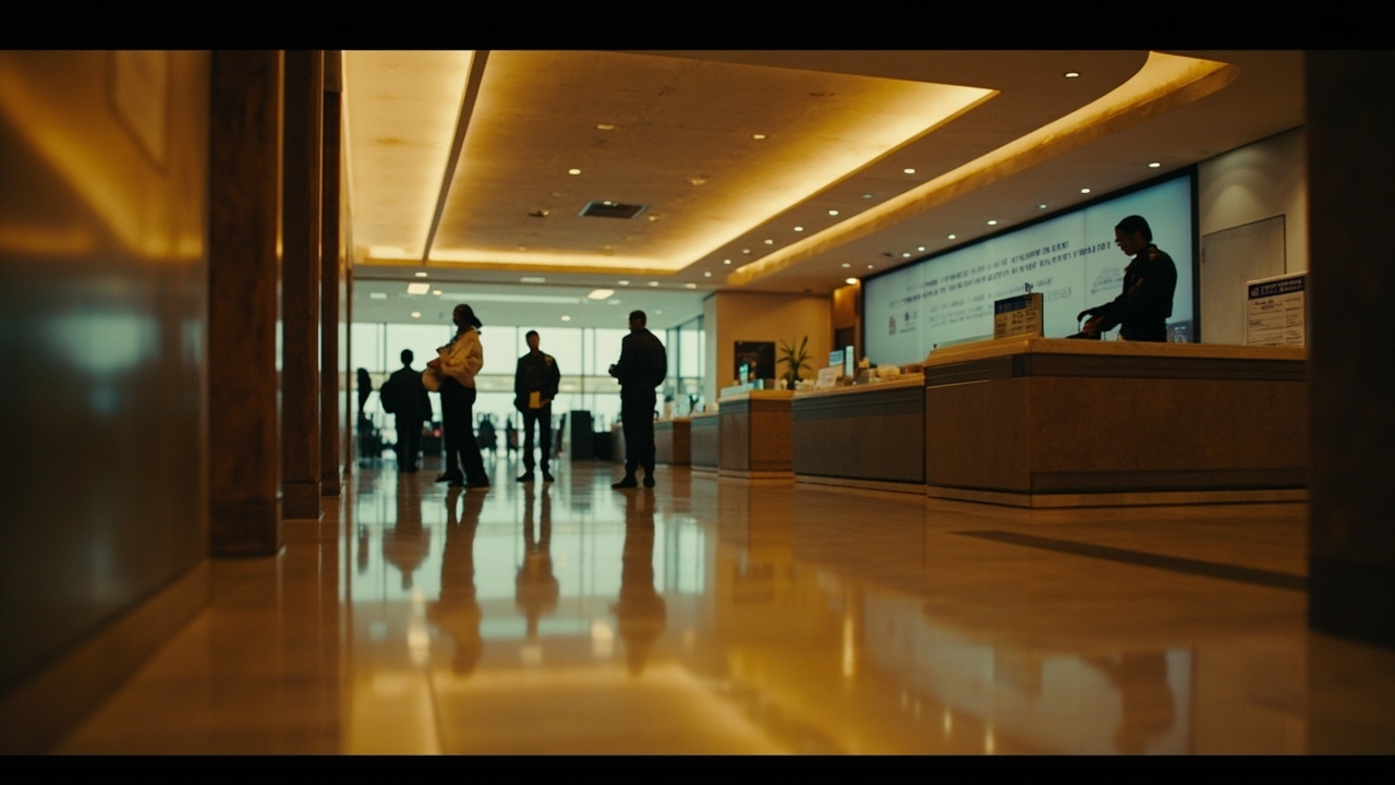 Cinematic wide view of a calm international arrivals hall with a small queue at a generic immigration counter at warm light
