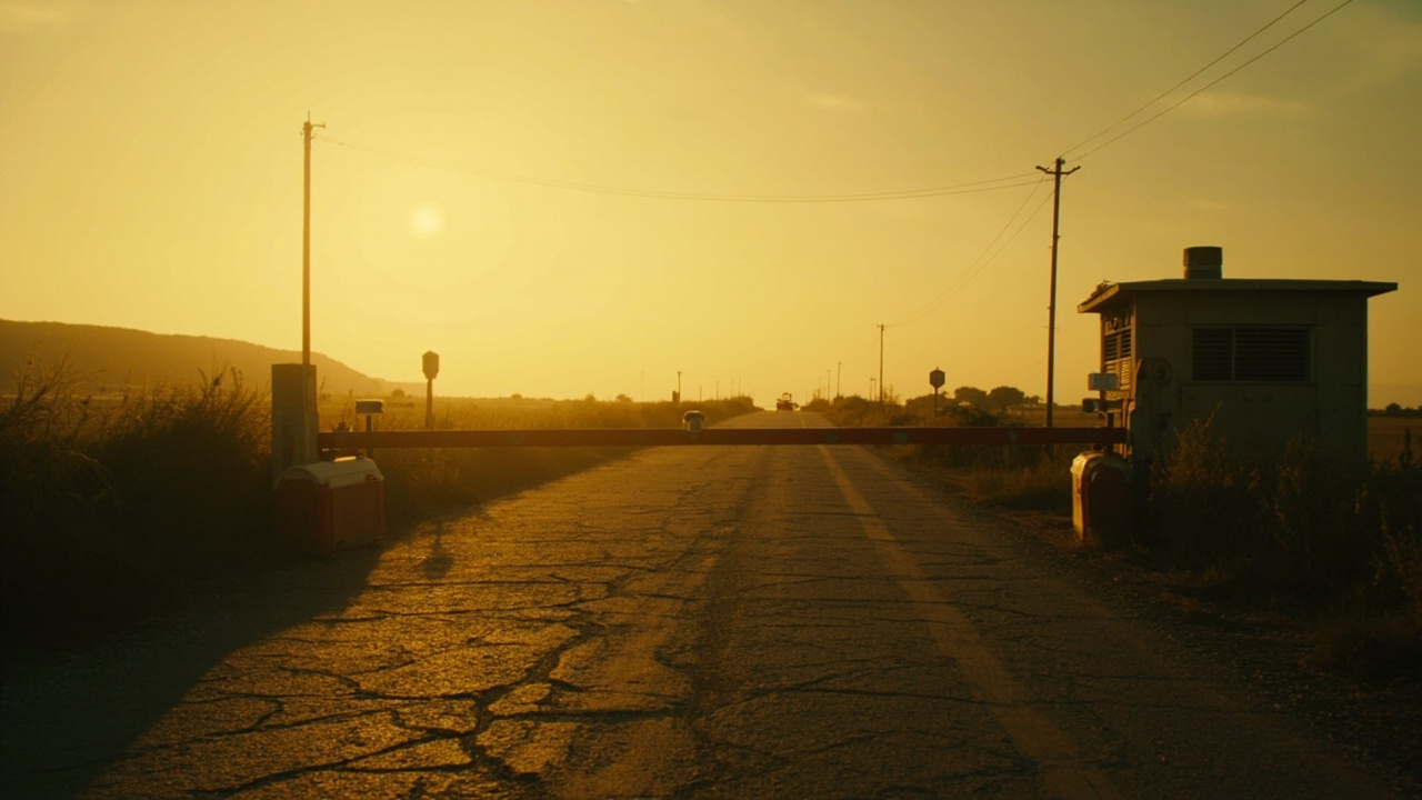 Quiet rural land-border checkpoint scene at warm golden hour with no movement and a single generic barrier across an empty road