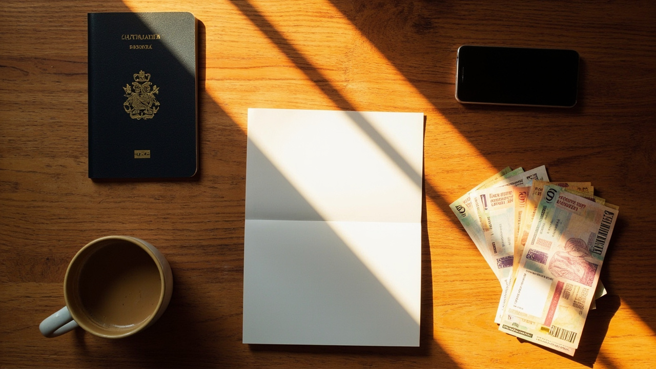 Overhead flat-lay of an Australian passport with two unbranded boarding-pass-style sheets on a warm timber desk