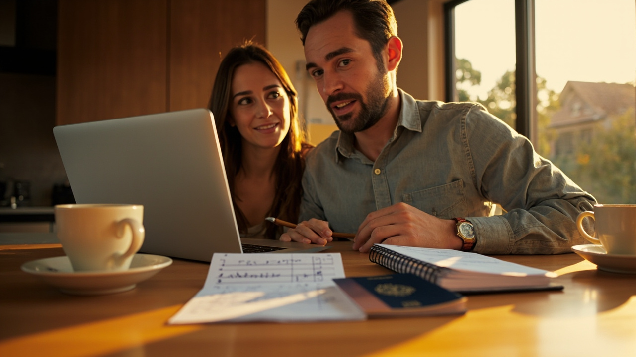 Australian couple at a sunlit kitchen table with a laptop spreadsheet, an Australian passport, and a notepad with handwritten budget figures