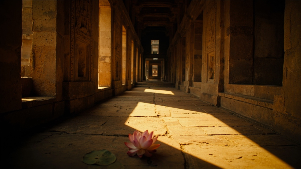 Quiet sun-dappled temple stone corridor at warm light with no people visible — Cambodian Khmer architecture composition