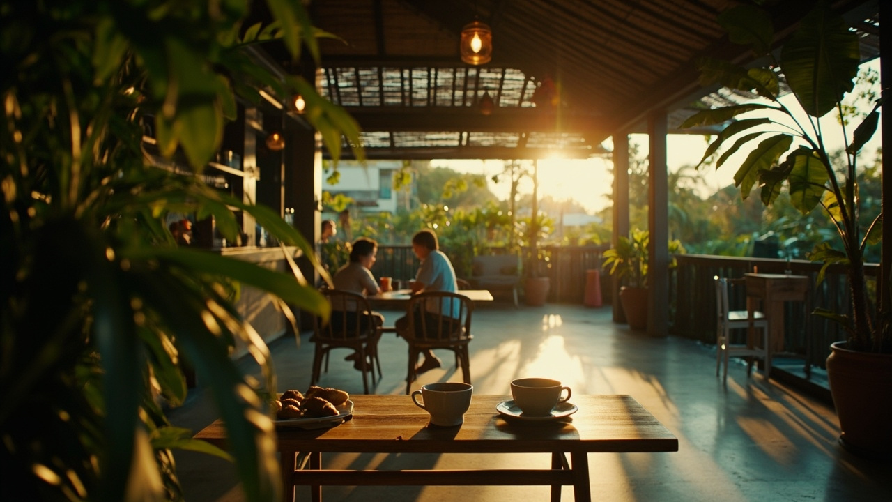 Quiet open-air tropical cafe scene at warm light with rattan furniture, leafy plants, and two coffee cups on a polished concrete table