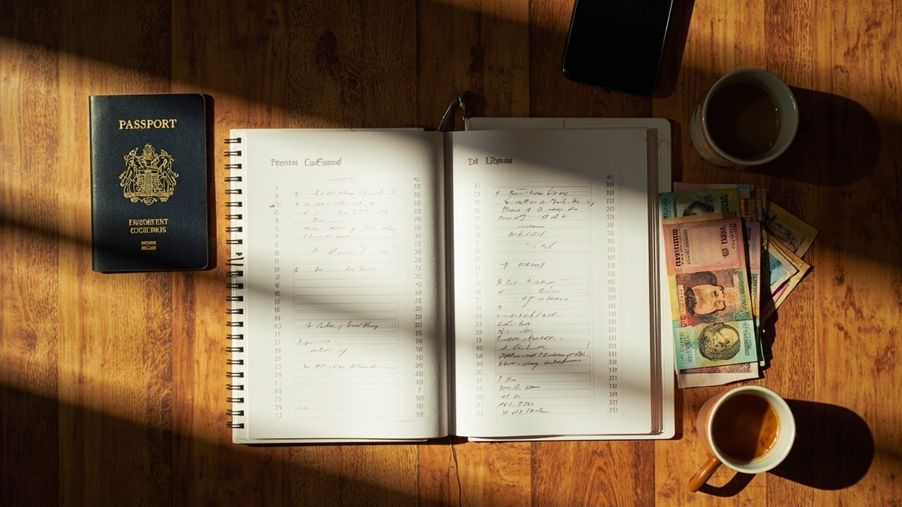 Overhead flat-lay of an Australian passport with a notepad of handwritten budget columns and unbranded banknotes on a warm timber desk