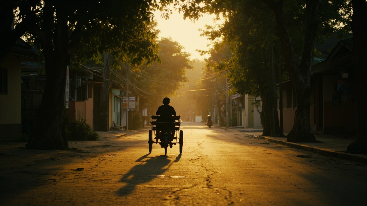 Calm Siem Reap-style tree-lined street at warm golden hour with a single tuk-tuk in soft focus and no signage