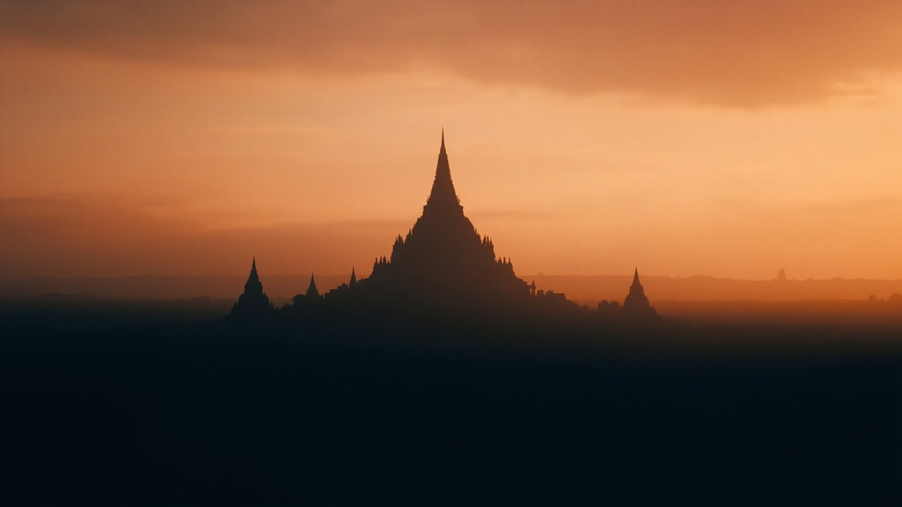 Wide editorial silhouette of a generic Burmese-style pagoda complex at misty dawn, soft warm light through low cloud, the kind of view Australian travellers picture when they imagine a Cambodia and Myanmar combo trip