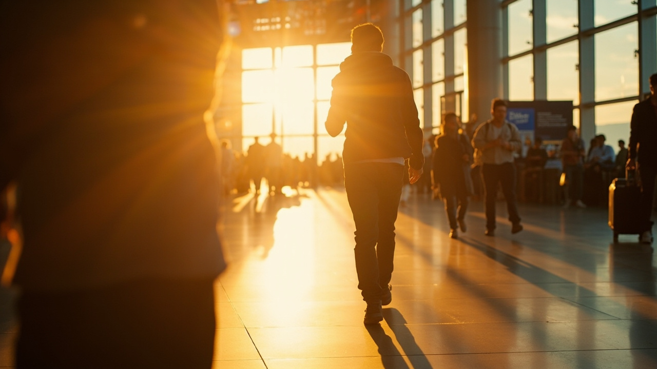 Wide warm-light airport transit concourse with travellers in motion, no recognisable airline branding, the kind of generic Southeast Asian hub experience between flights