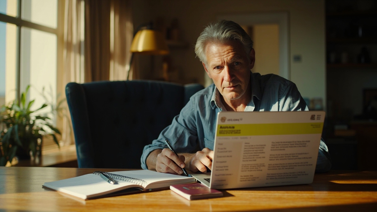 Australian traveller at a sunlit kitchen table reading a generic government travel-advisory page on a laptop, soft natural light