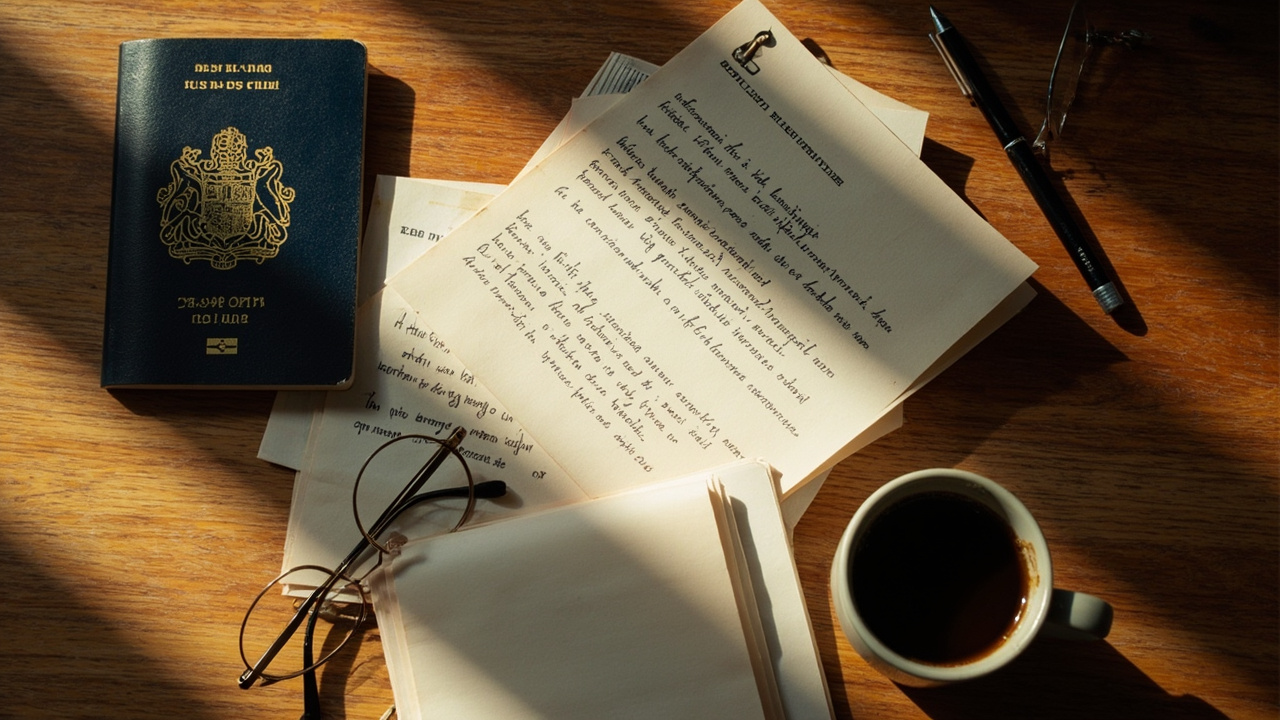Flat-lay editorial composition of an Australian passport with generic visa-application paperwork and a coffee, warm window light from the side