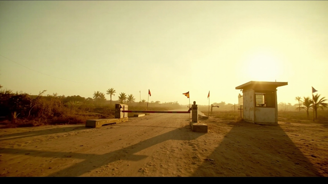 Empty, closed border checkpoint in a tropical setting at golden hour with a quiet dust-flecked road, no flags or signage visible