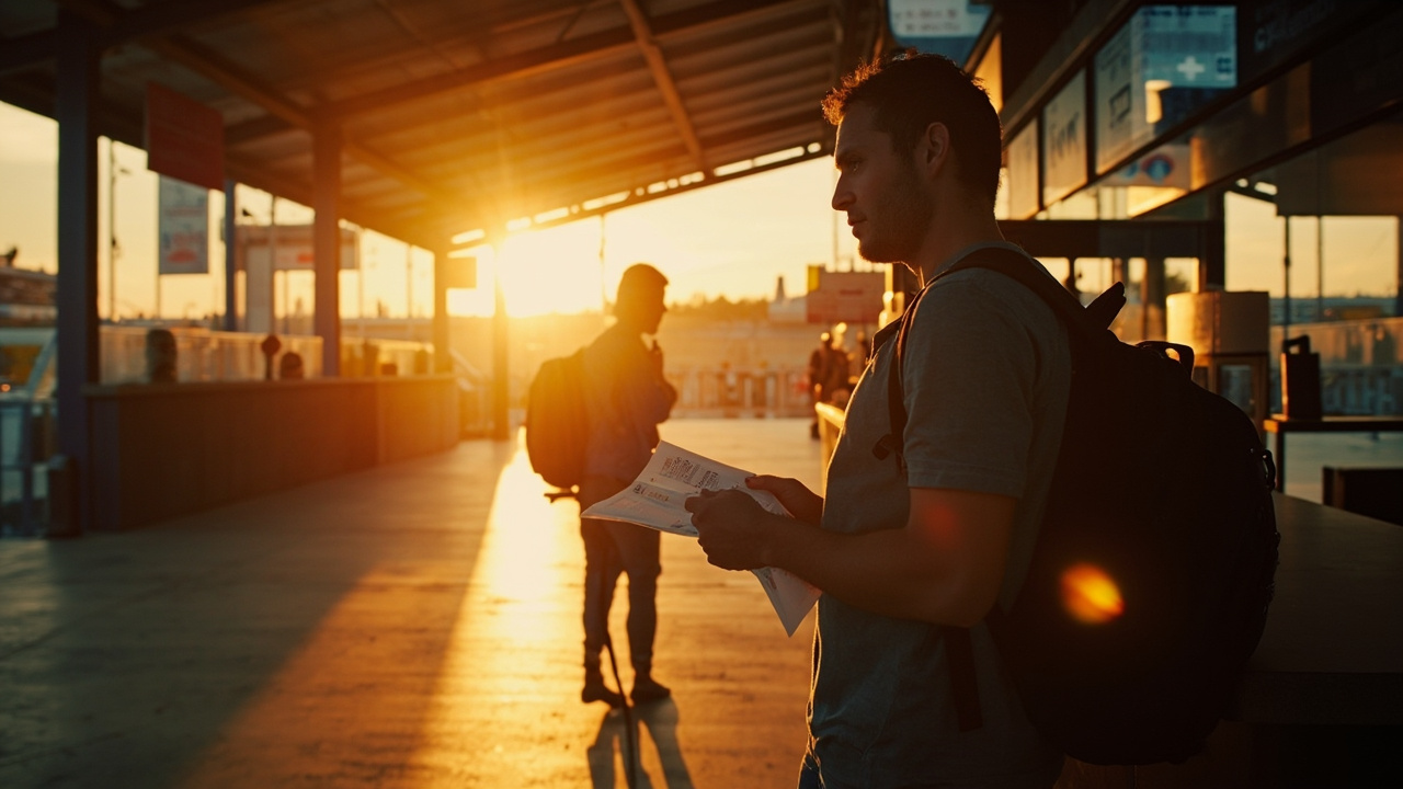 Australian traveller standing thoughtfully at a quiet Bangkok bus station counter at sunset, soft warm light