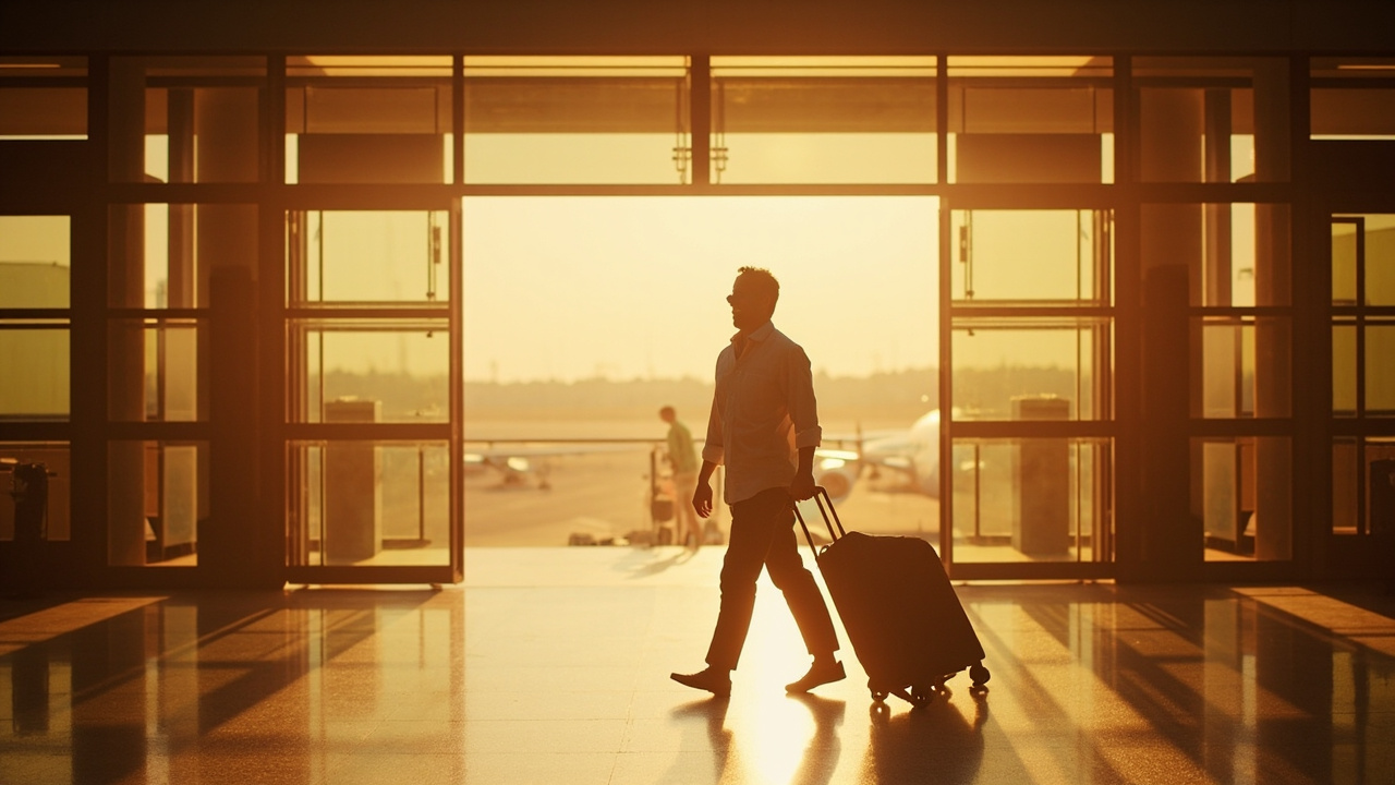 Australian traveller walking out of a modern airport arrival hall into warm Cambodian afternoon light, calm composition