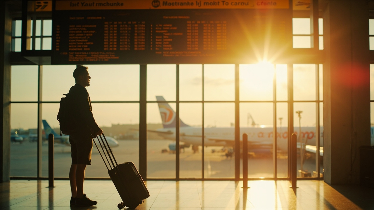 Australian traveller in a Thai airport looking up at a generic departure board with text intentionally soft and not legible, warm afternoon light