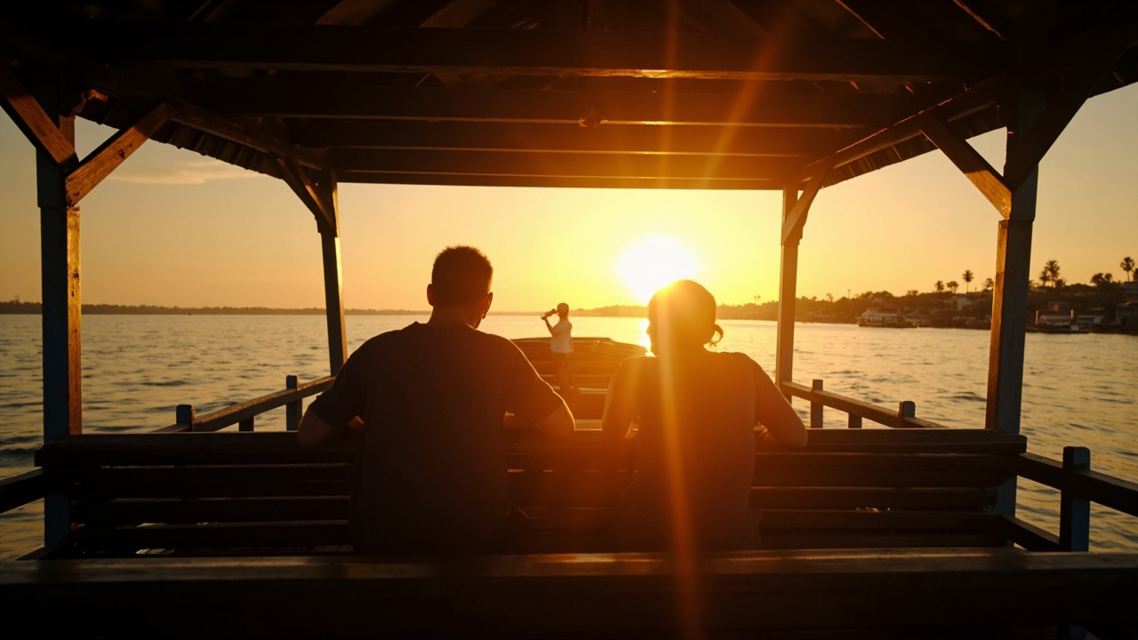 Quiet Mekong river crossing at golden hour viewed from a small ferry, one or two travellers in the frame, warm tones